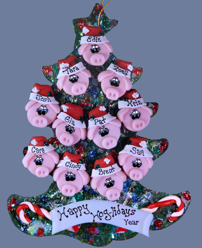 Pig Family Personalized Tree of 11 made with polymer clay