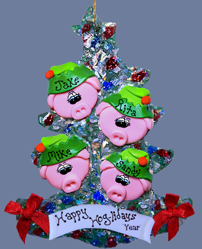 Pig Elf Family Personalized Tree of 4
