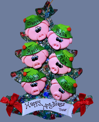 Pig Elf Family Personalized Tree of 6